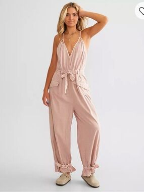 NWT Free People Blush Pink Utility Jumpsuit with Tie Waist size L